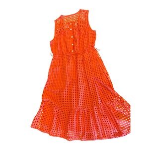 J. Crew Eyelet Button Front Midi Dress Orange Sleeveless Tiered Size 6